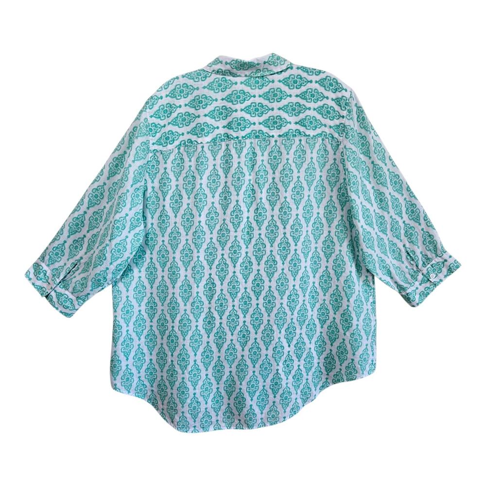 CHICO'S 3 Women XL Linen Tunic Blouse Button Up Teal White Medallion Coastal 44" - Picture 7 of 8